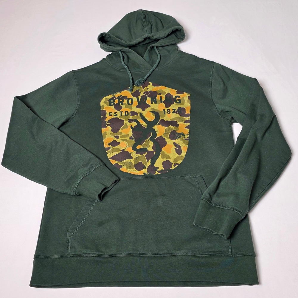 Browning Hoodie Mens‎ Medium Green Camo Shield Buckmark Pullover Sweatshirt